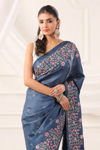 Greyish Blue Tussar Silk Resham Floral Embroidered Saree