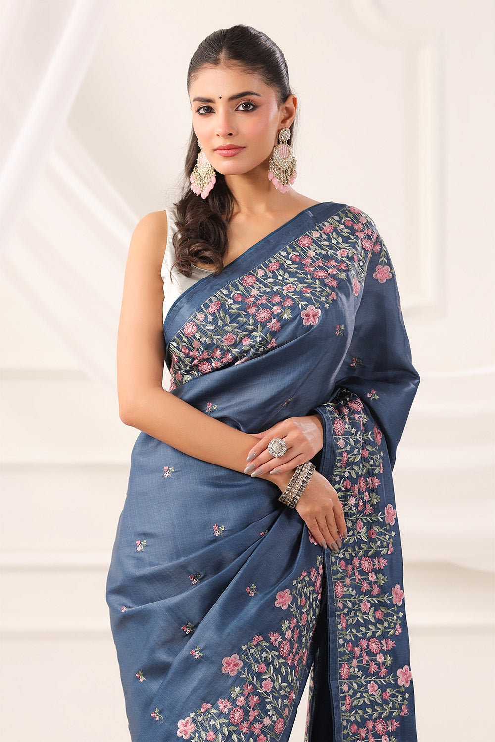 Greyish Blue Tussar Silk Resham Floral Embroidered Saree