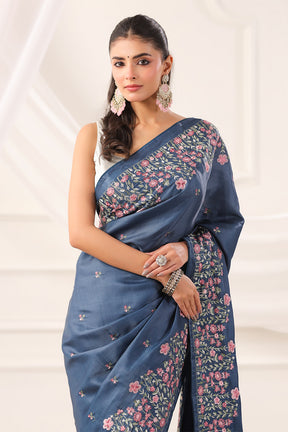 Greyish Blue Tussar Silk Resham Floral Embroidered Saree