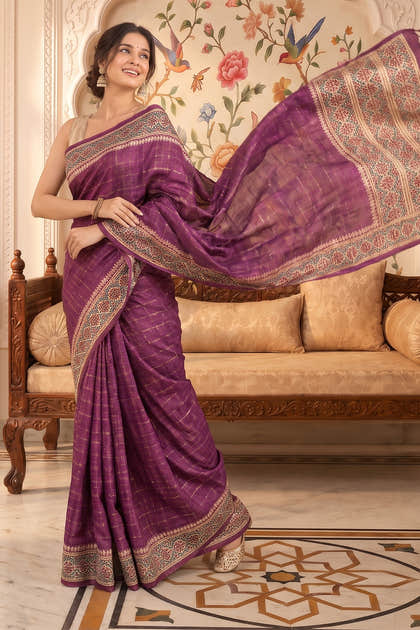 Purple Tussar Silk Printed And Zari Taar Woven Saree