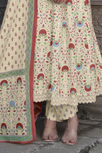 Cream & Maroon Cotton Floral Printed Floor Lenght Anarkali Suit