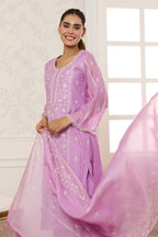 Mauve Mul Chanderi Resham Embroidered Unstitched Suit Material
