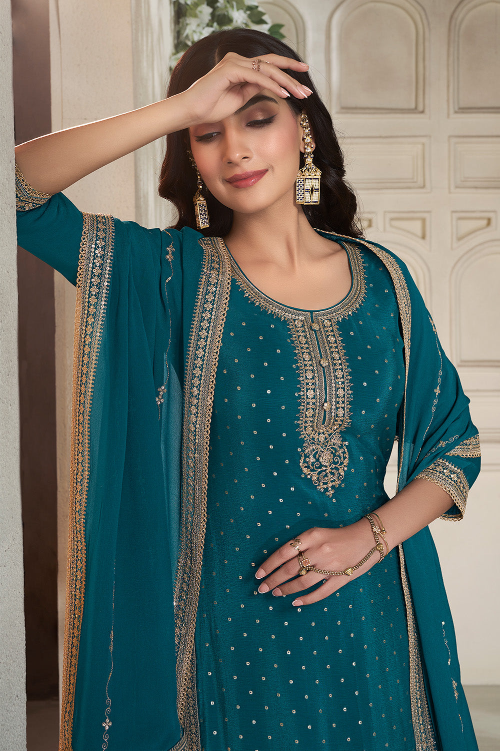 Teal Crepe Silk Zari Embroidered Suit With Embroidered Palazzo