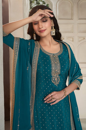 Teal Crepe Silk Zari Embroidered Suit With Embroidered Palazzo