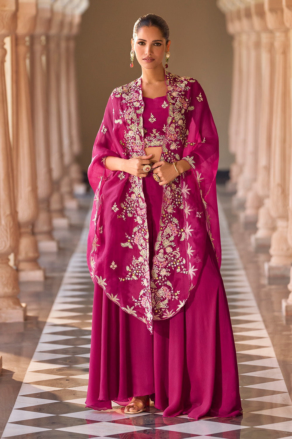 Magenta Organza Embroidered Crop-Top Dress With Shruge Stlye Dupatta And Palazzo