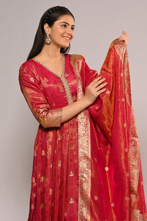 Fuchsia Pink Color Mantellic Tissue Embroidered and Woven Anarkali Suit