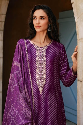 Purple Silk Printed & Neck Embroidered Unstitched Suit