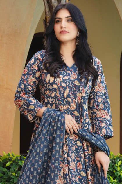 Blue Cotton Printed Floor Lenght Anarkali Suit