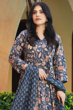Blue Cotton Printed Floor Lenght Anarkali Suit