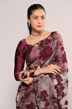 Wine Color Net Embroidered Saree