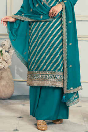 Teal Embroidered & Woven Chanderi Silk Unstitched Suit Fabric