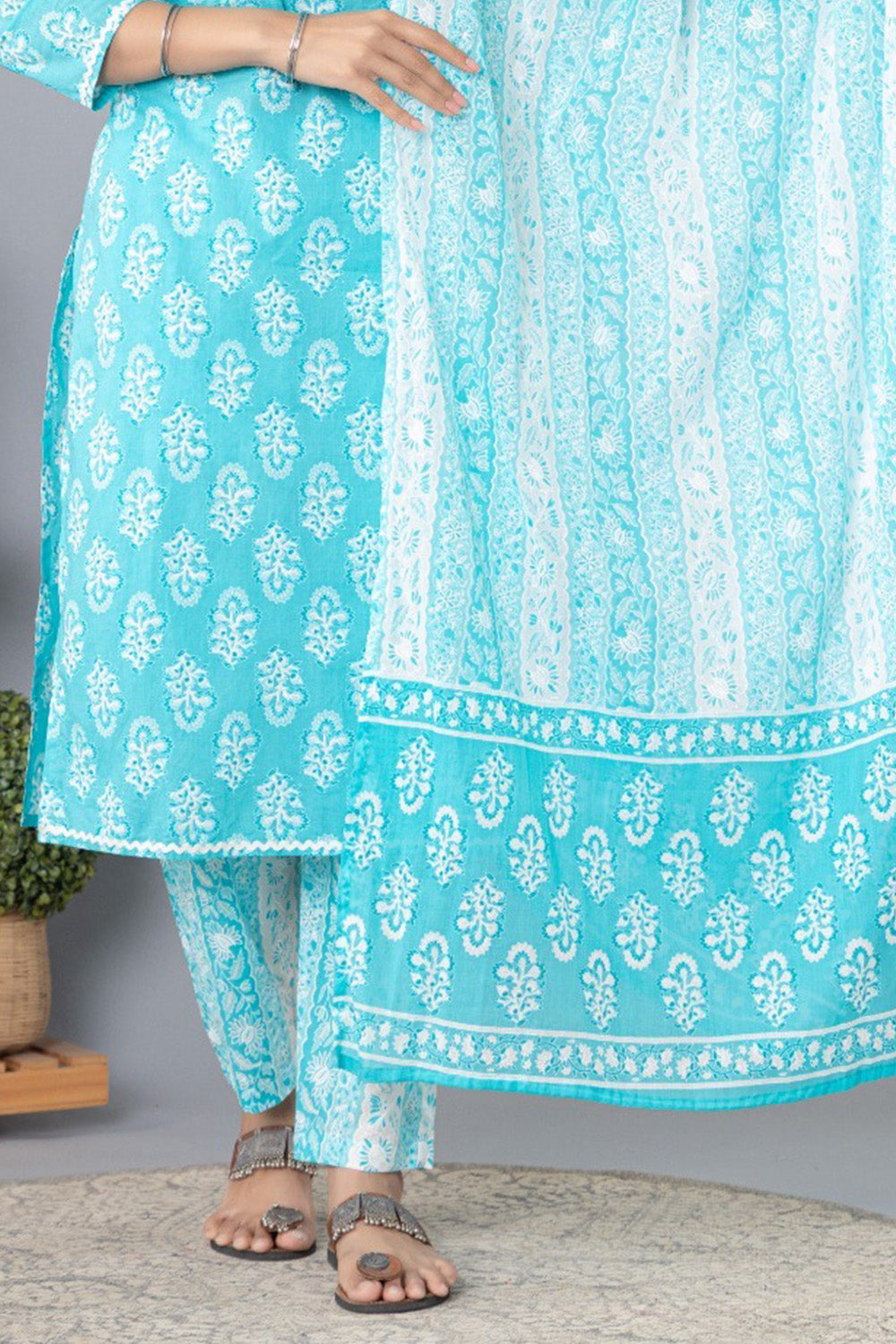Turquoise Cotton Floral Printed Suit Set