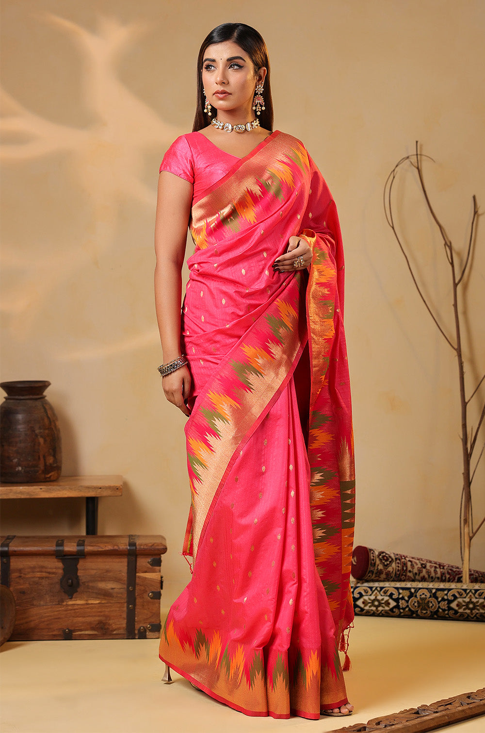 Strawberry Color Cotton Silk Woven Saree