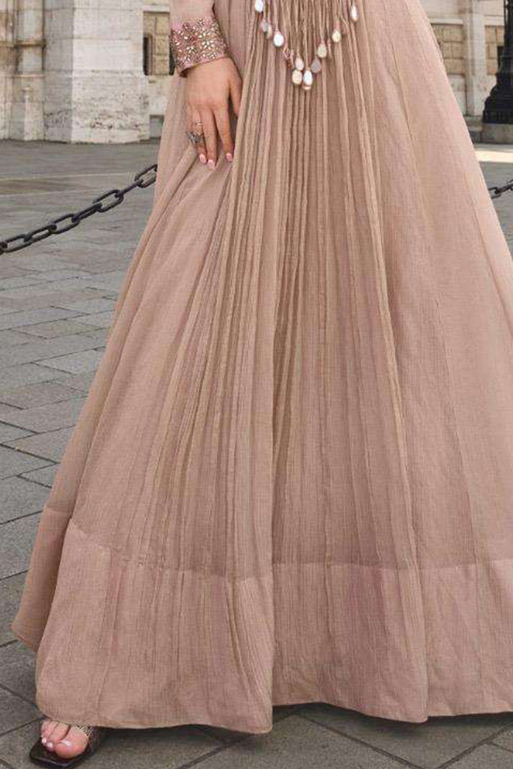 Beige Crush Tissue Mirror Work Anarkali Gown