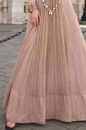 Beige Crush Tissue Mirror Work Anarkali Gown