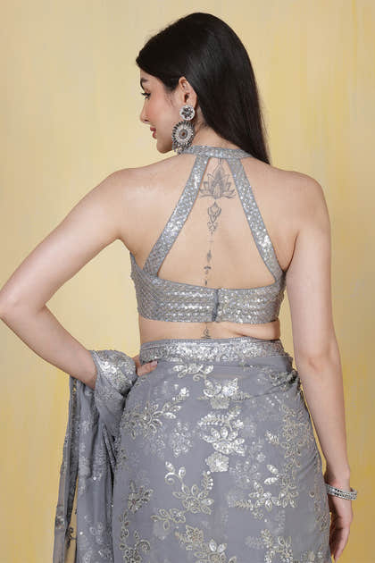 Grey Georgette Sequins Embroidered Saree