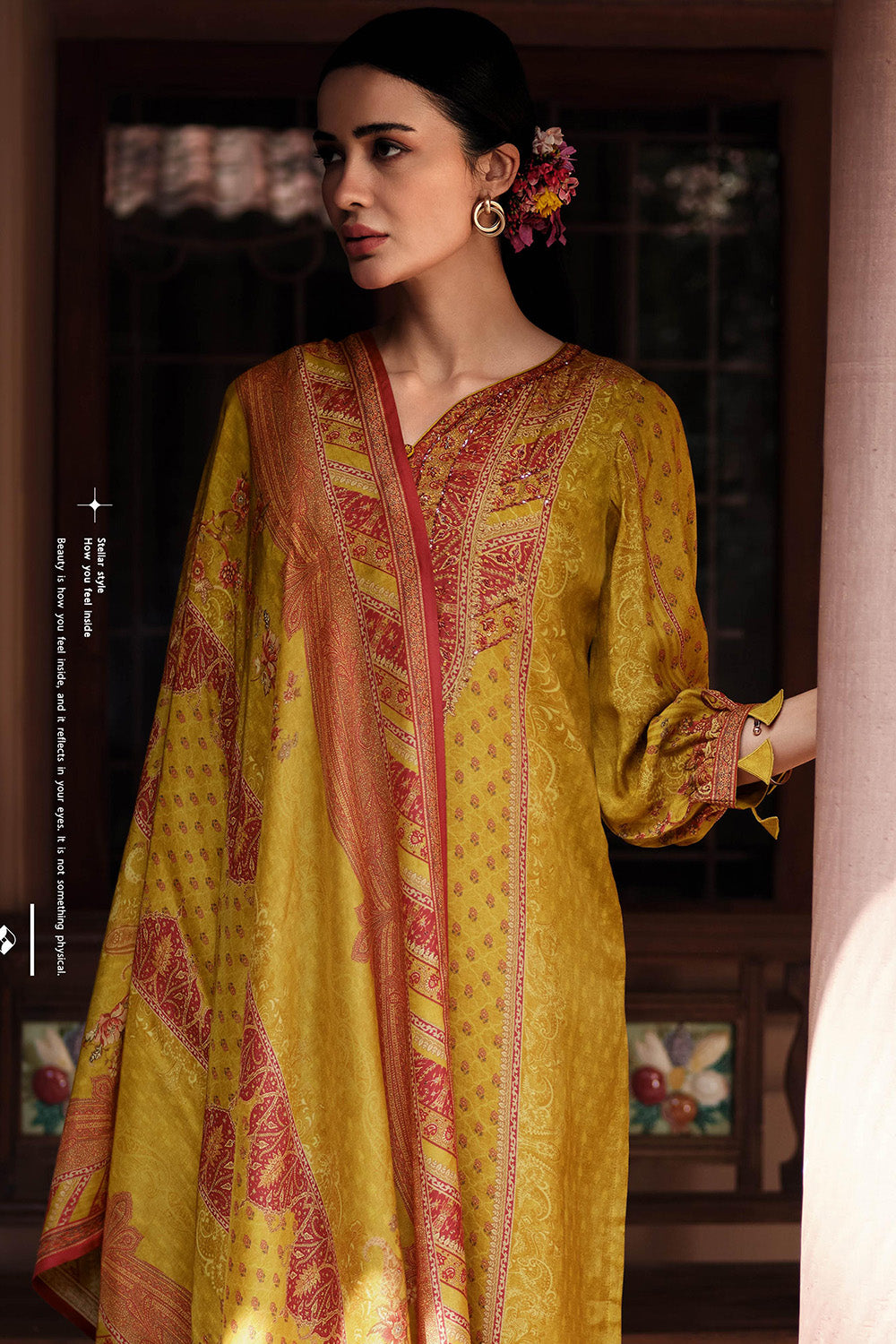 Mustard Crepe Printed Unstitched Suit