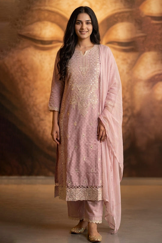 Pink Cotton Mirror Work & Resham Embroidered Suit