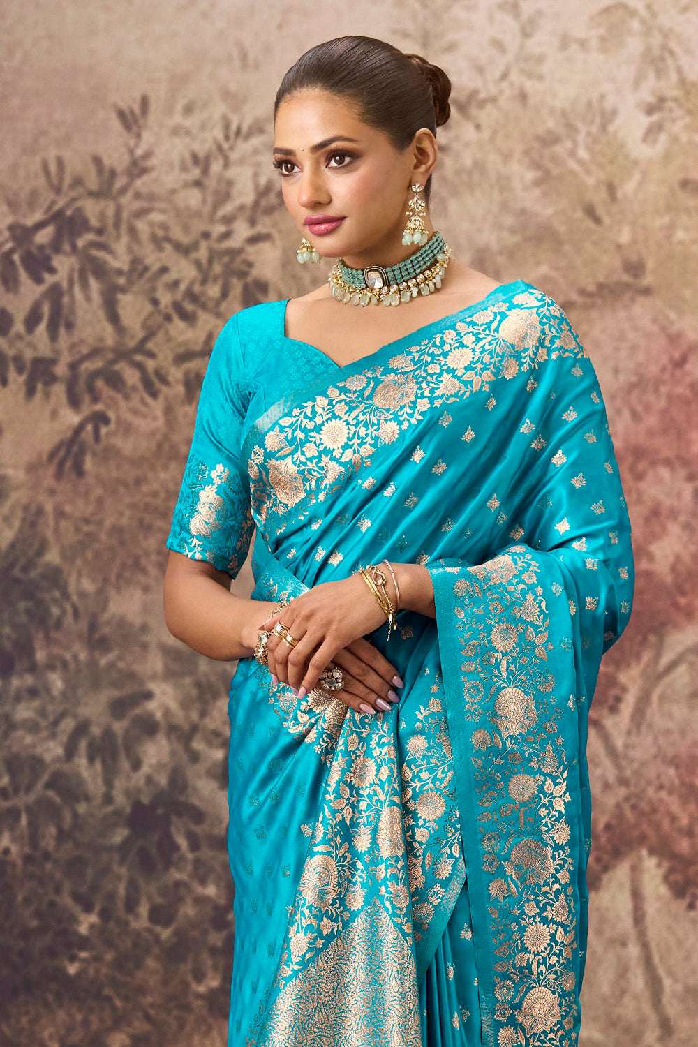 Pacific Blue Charmeuse Silk Zari Woven Saree