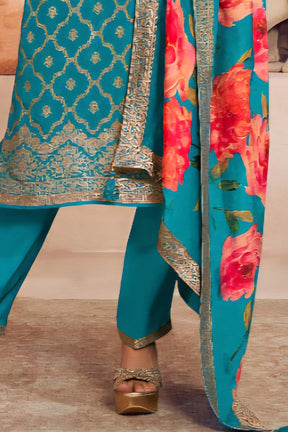 Teal Zari Woven & Embroidered Silk Suit