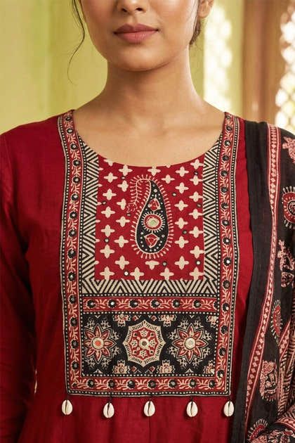 Maroon Neck-Printed Cotton Anarkali Suit