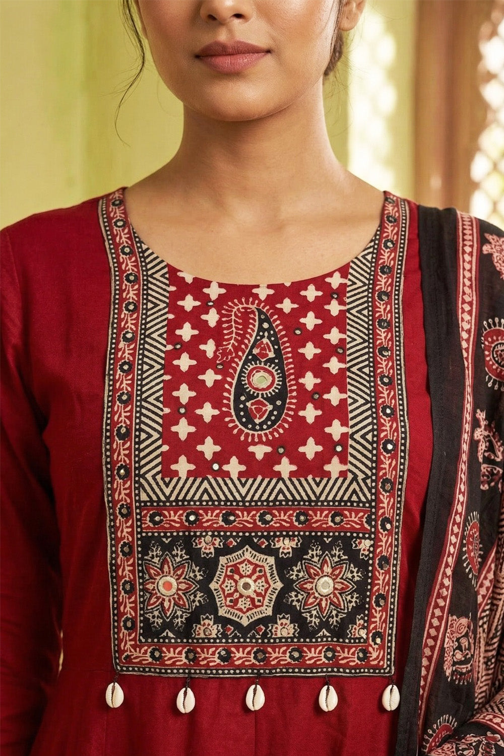Maroon Neck-Printed Cotton Anarkali Suit