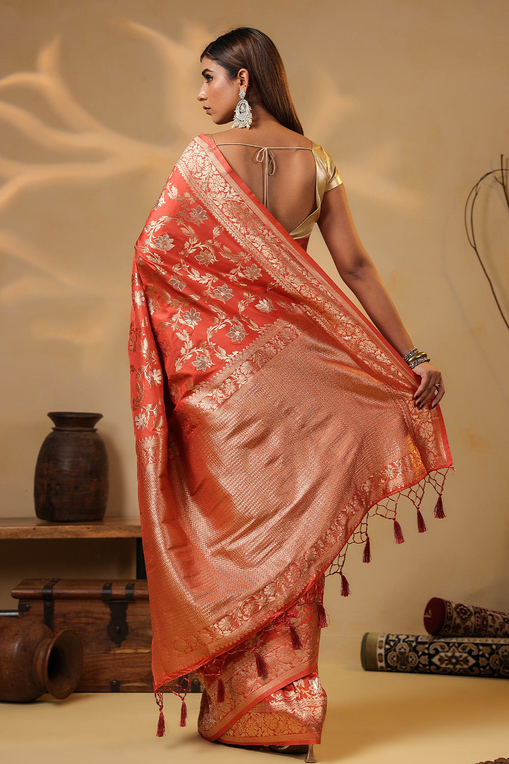 Dark Peach Zari Floral Woven Silk Saree