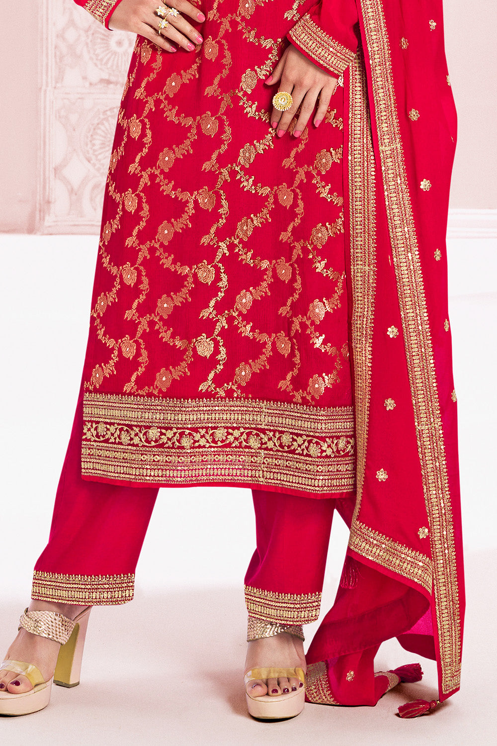 Red Color Zari Embroidered Banarasi Silk Unstitched Suit Fabric
