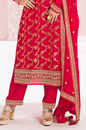 Red Color Zari Embroidered Banarasi Silk Unstitched Suit Fabric