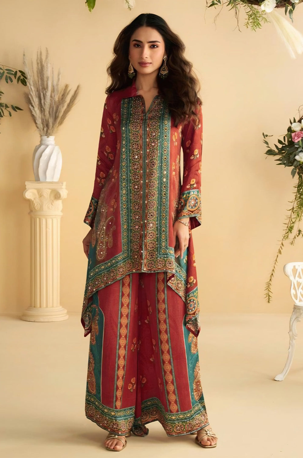 Rust & Teal Printed Crepe Kurta Set With Palazzo