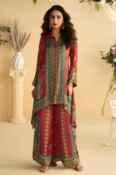 Rust & Teal Printed Crepe Kurta Set With Palazzo
