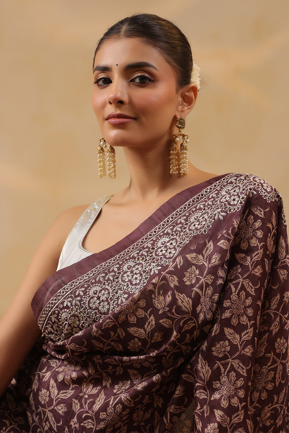 Brown Tussar Silk Printed Saree
