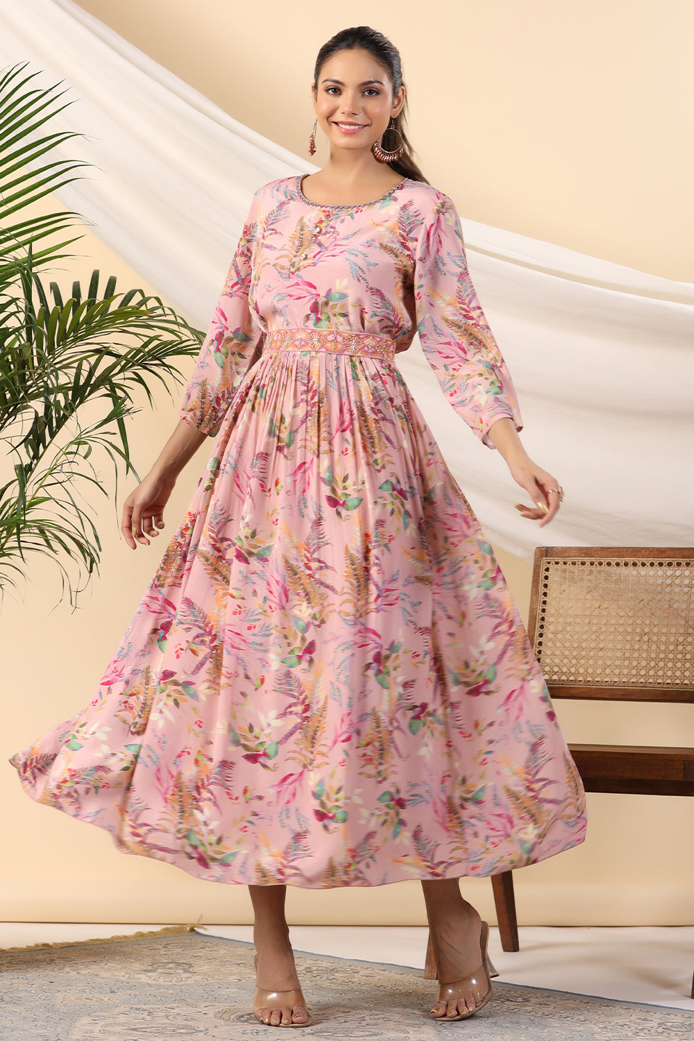 Pink Color Crepe Printed Peonies Dress