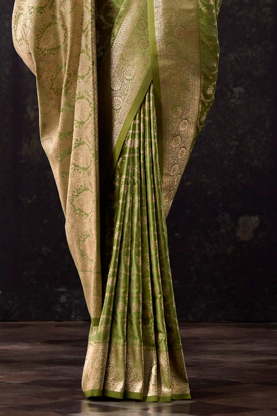 Olive Green Silk Banarasi Zari Woven Saree