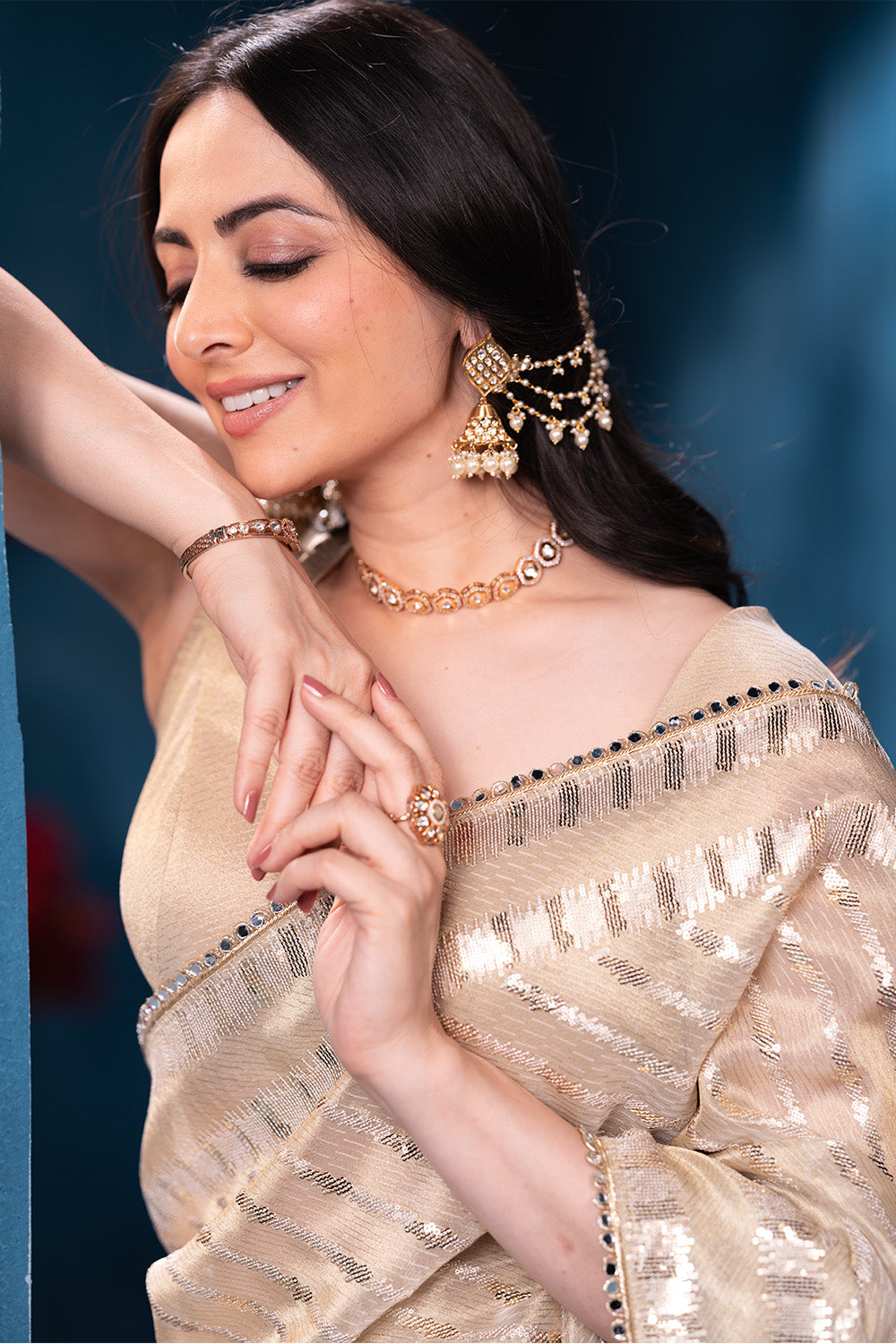 Cream Sequins and Resham Embroidered Matelic Tissue Saree