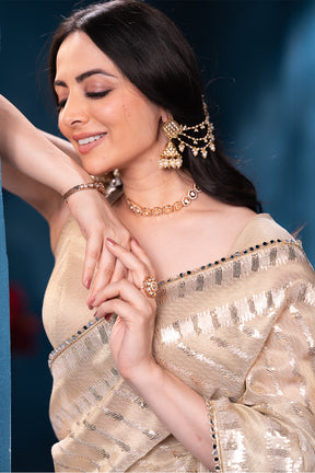 Cream Sequins and Resham Embroidered Matelic Tissue Saree