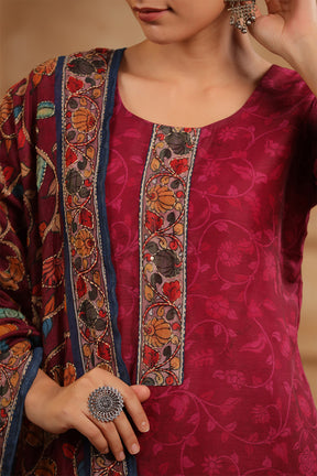 Dark Hot Pink Color Chanderi Floral Printed Suit