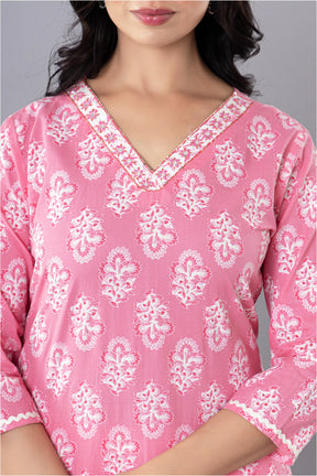 Pink Cotton Floral Printed Suit Set