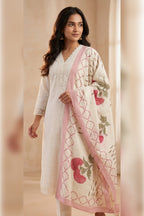 White Cotton Embroidered And Lace Work Suit Set