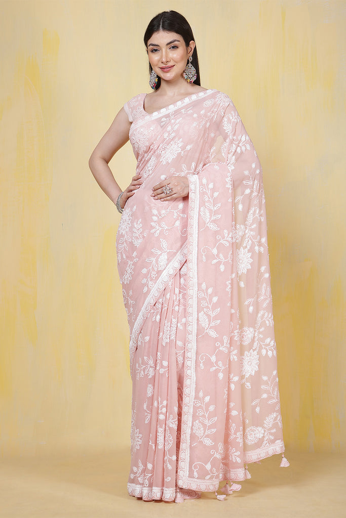 Dusty Pink Georgette Sequins Embroidered Saree