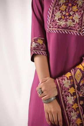 Dark Scarlet Color Muslin Suit With Brasso Dupatta
