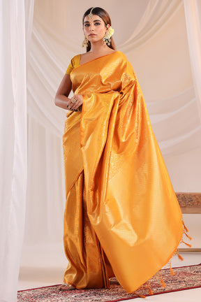 Yellow Silk Zari Floral Zaal Woven Saree