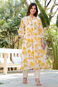 Cream & Yellow Cotton Floral Printed Kurta Set