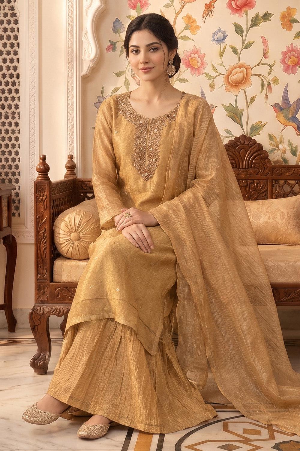 Fawn Metallic Tissue Neck-Embroidered Suit