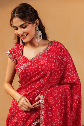 Red Color Ikat Patola Modal Silk Saree with Gota Patti Border