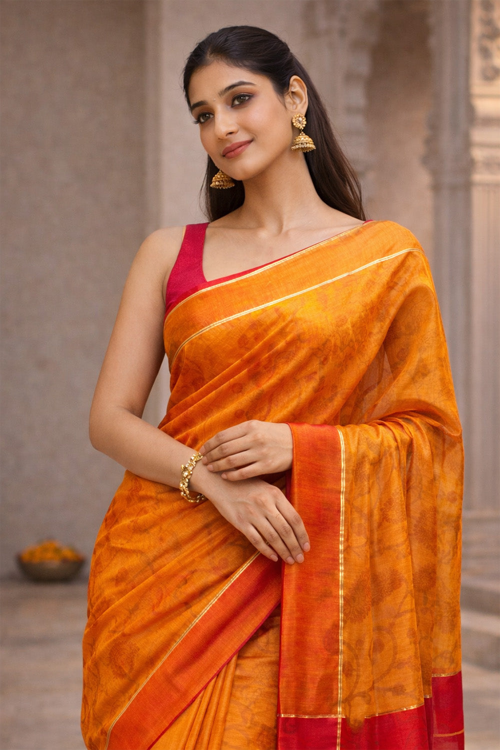 Mustard Chanderi Cotton Printes Saree