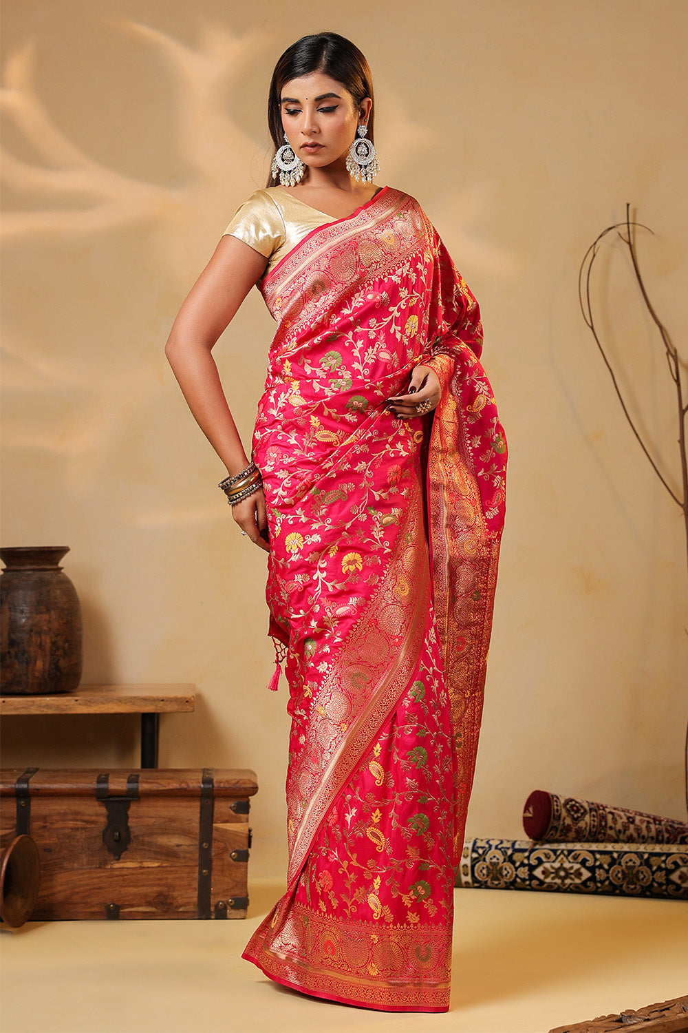 Cherry Red Colour Silk Zari & Resham Woven Saree