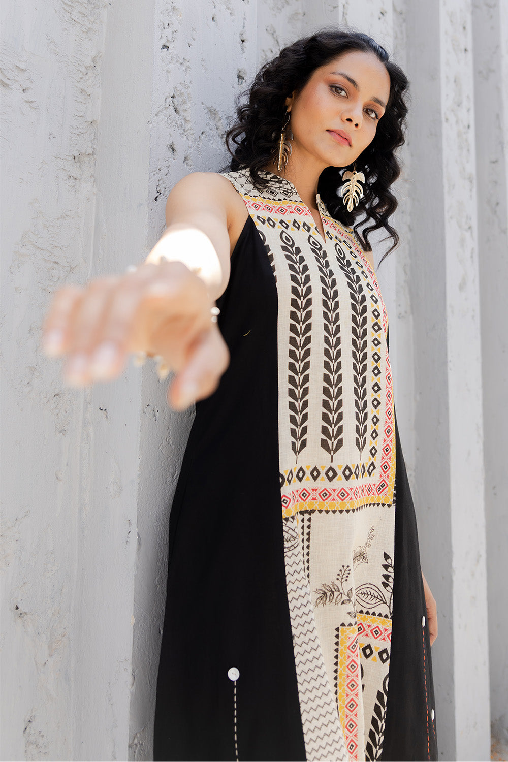 Cream & Black Colour Cotton Printed Peonies Dress