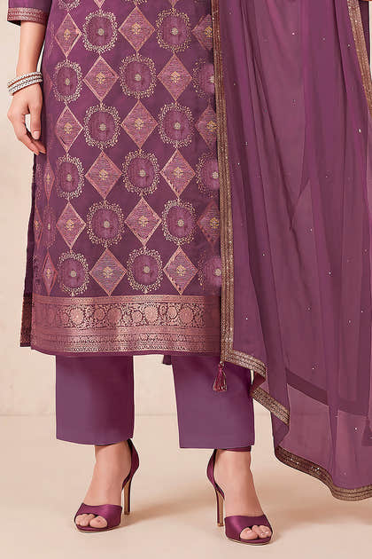Wine Zari Woven Silk Unstitched Suit Fabric