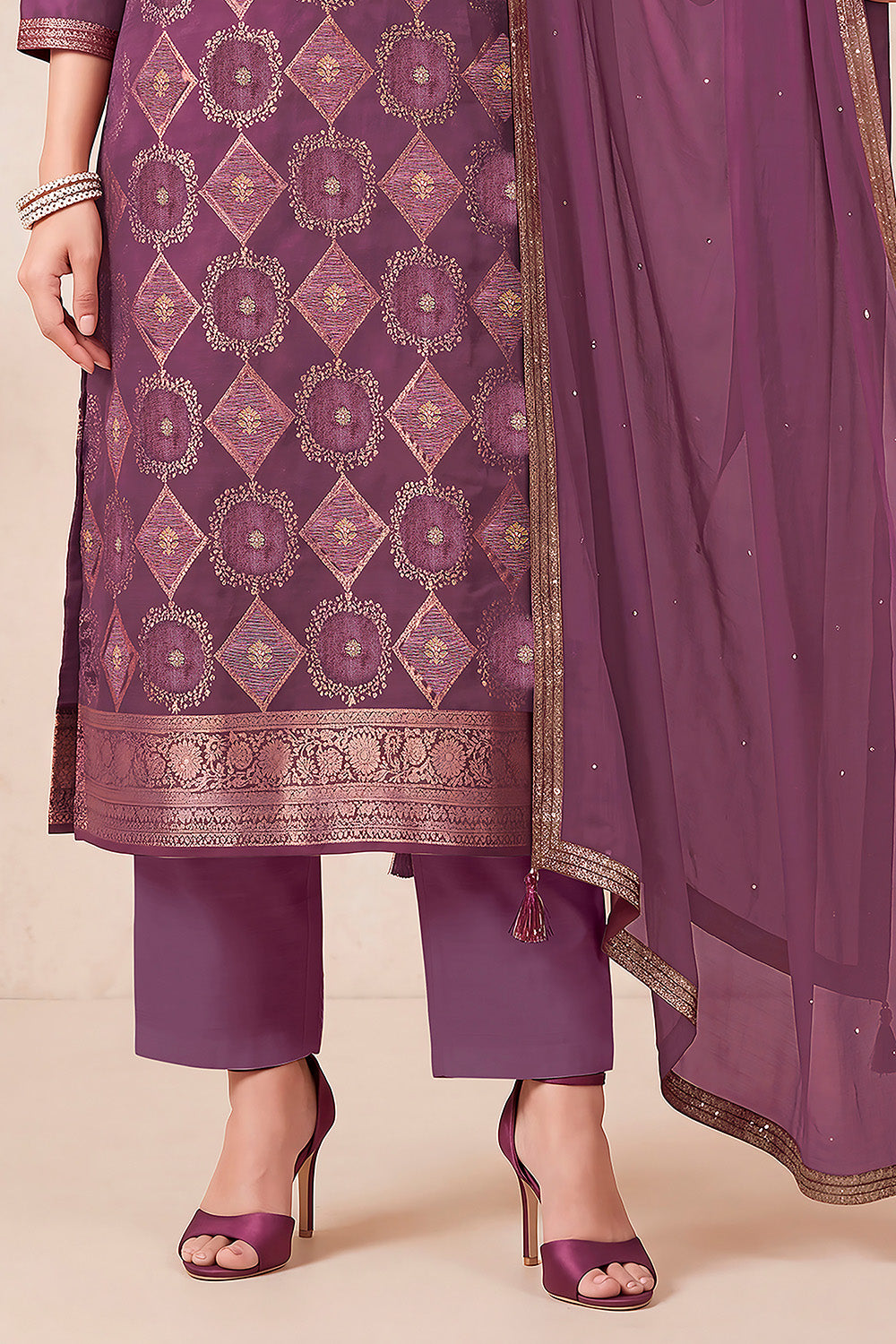 Wine Zari Woven Silk Unstitched Suit Fabric